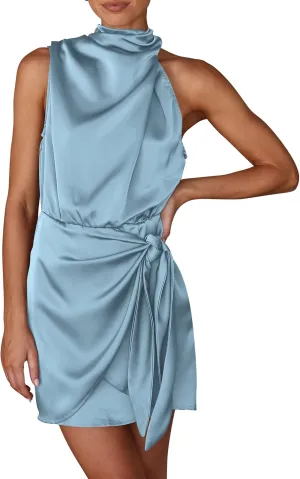 PRETTYGARDEN Women's Short Formal Satin Dress Summer Sleeveless Mock Neck Tie Waist Cocktail Party Dresses