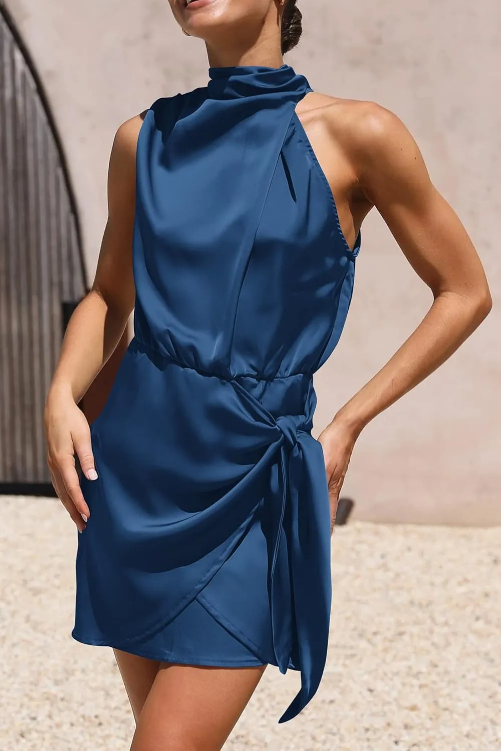 PRETTYGARDEN Women's Short Formal Satin Dress Summer Sleeveless Mock Neck Tie Waist Cocktail Party Dresses