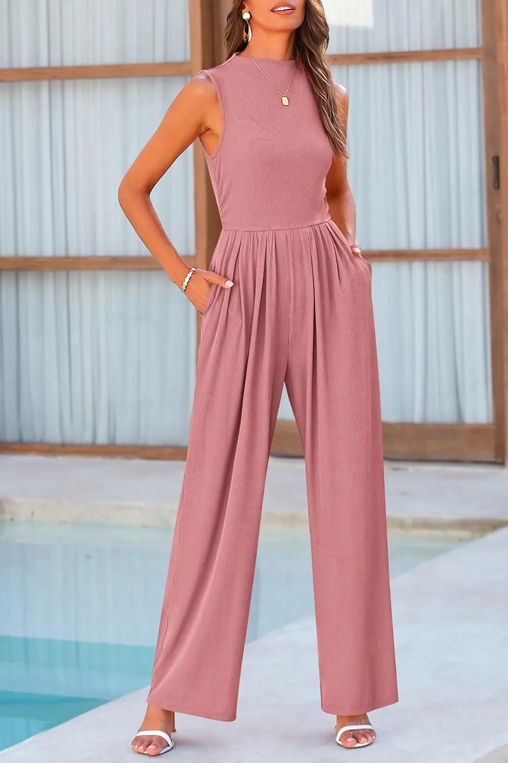 PRETTYGARDEN Womens Summer Jumpsuits Dressy Casual One Piece Outfits Sleeveless Mock Neck Wide Leg Pants Rompers with Pockets