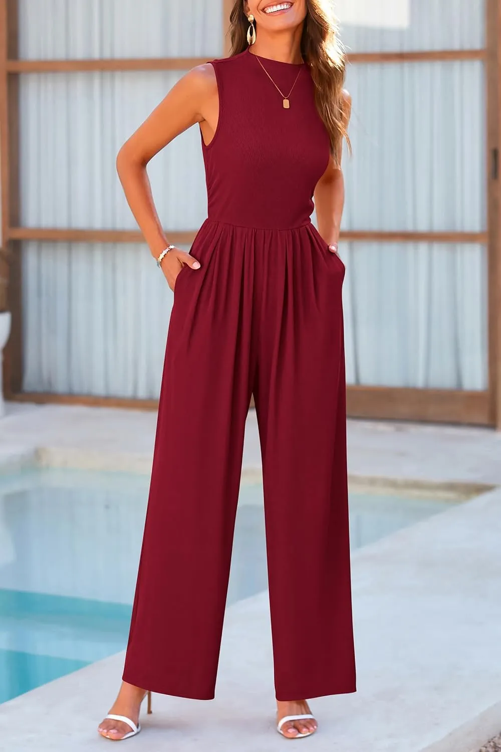 PRETTYGARDEN Womens Summer Jumpsuits Dressy Casual One Piece Outfits Sleeveless Mock Neck Wide Leg Pants Rompers with Pockets