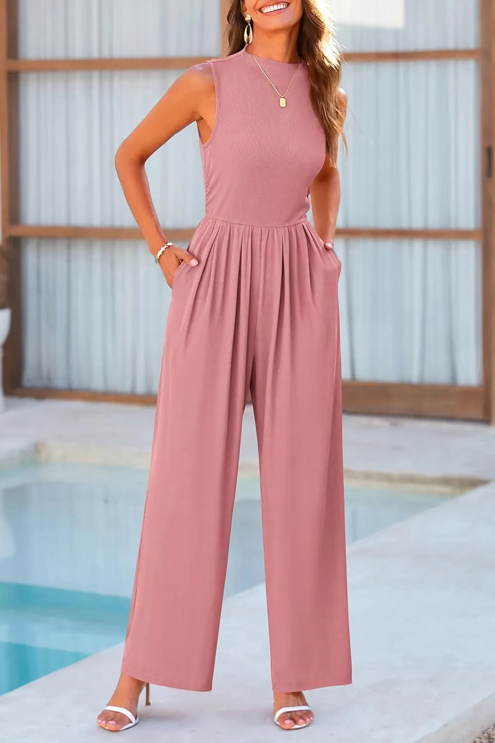 PRETTYGARDEN Womens Summer Jumpsuits Dressy Casual One Piece Outfits Sleeveless Mock Neck Wide Leg Pants Rompers with Pockets