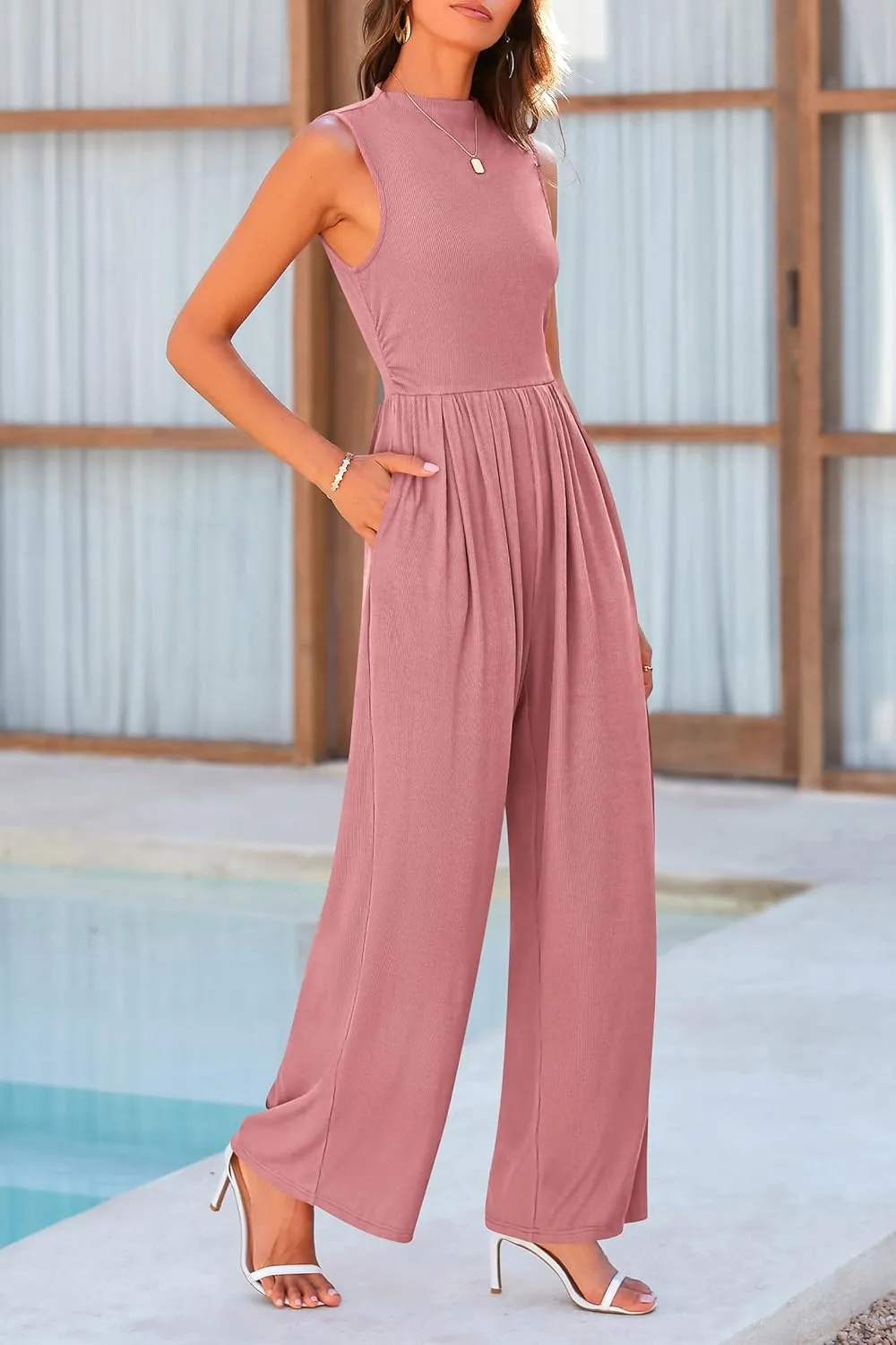 PRETTYGARDEN Womens Summer Jumpsuits Dressy Casual One Piece Outfits Sleeveless Mock Neck Wide Leg Pants Rompers with Pockets