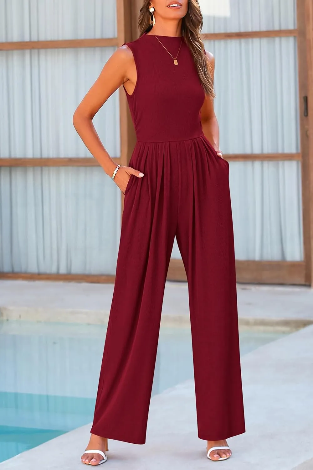 PRETTYGARDEN Womens Summer Jumpsuits Dressy Casual One Piece Outfits Sleeveless Mock Neck Wide Leg Pants Rompers with Pockets
