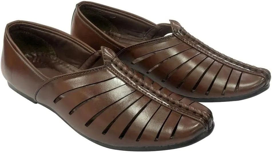 Punjabi Jutti for Mens Breathable Brown Fashion Loafers Sherwani Shoes Indian Flat Ethnic