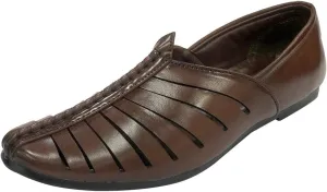 Punjabi Jutti for Mens Breathable Brown Fashion Loafers Sherwani Shoes Indian Flat Ethnic