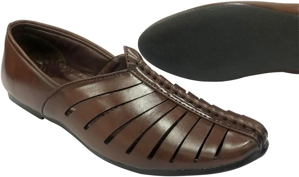 Punjabi Jutti for Mens Breathable Brown Fashion Loafers Sherwani Shoes Indian Flat Ethnic