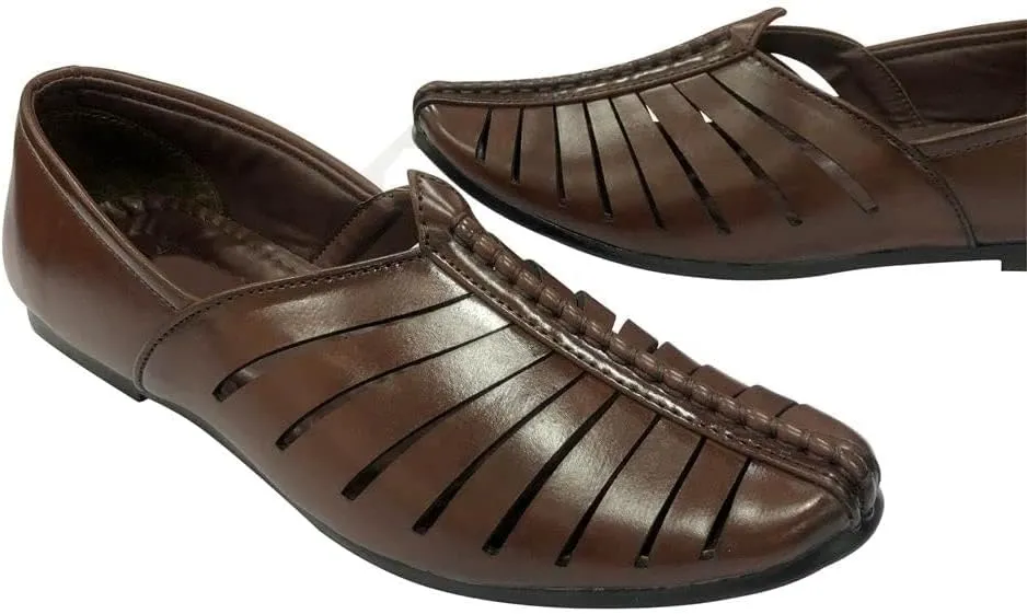 Punjabi Jutti for Mens Breathable Brown Fashion Loafers Sherwani Shoes Indian Flat Ethnic