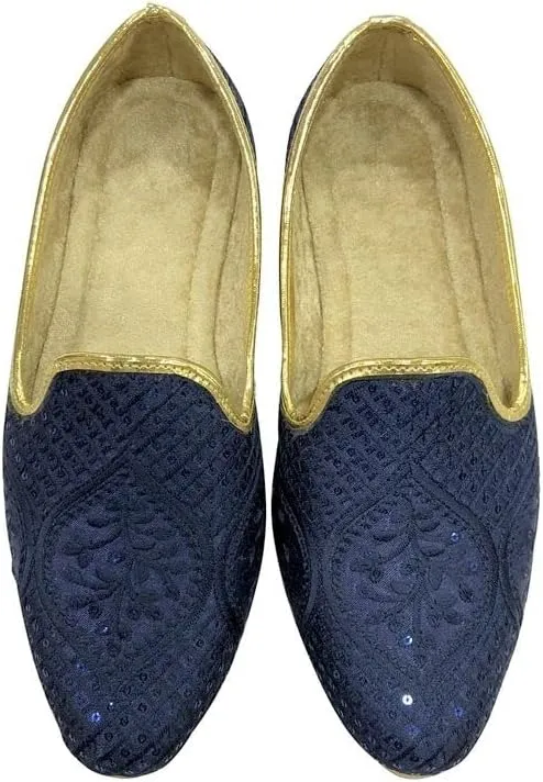 Punjabi Jutti for Men's Traditional Ethnic Mojari Shoes Wedding Sherwani Loafers Handmade Blue Embroidery Juttis