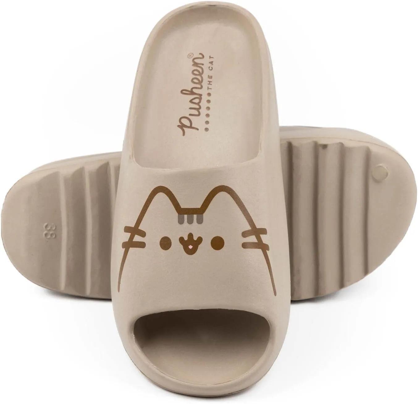 Pusheen Girls Sliders | Kids Brown Moulded Ridge Bottom Sandals | Cartoon Cat Beachwear Summer Pool Shoes | Slip-on Footwear