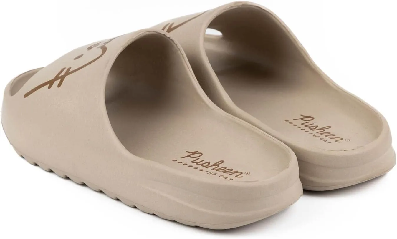 Pusheen Girls Sliders | Kids Brown Moulded Ridge Bottom Sandals | Cartoon Cat Beachwear Summer Pool Shoes | Slip-on Footwear