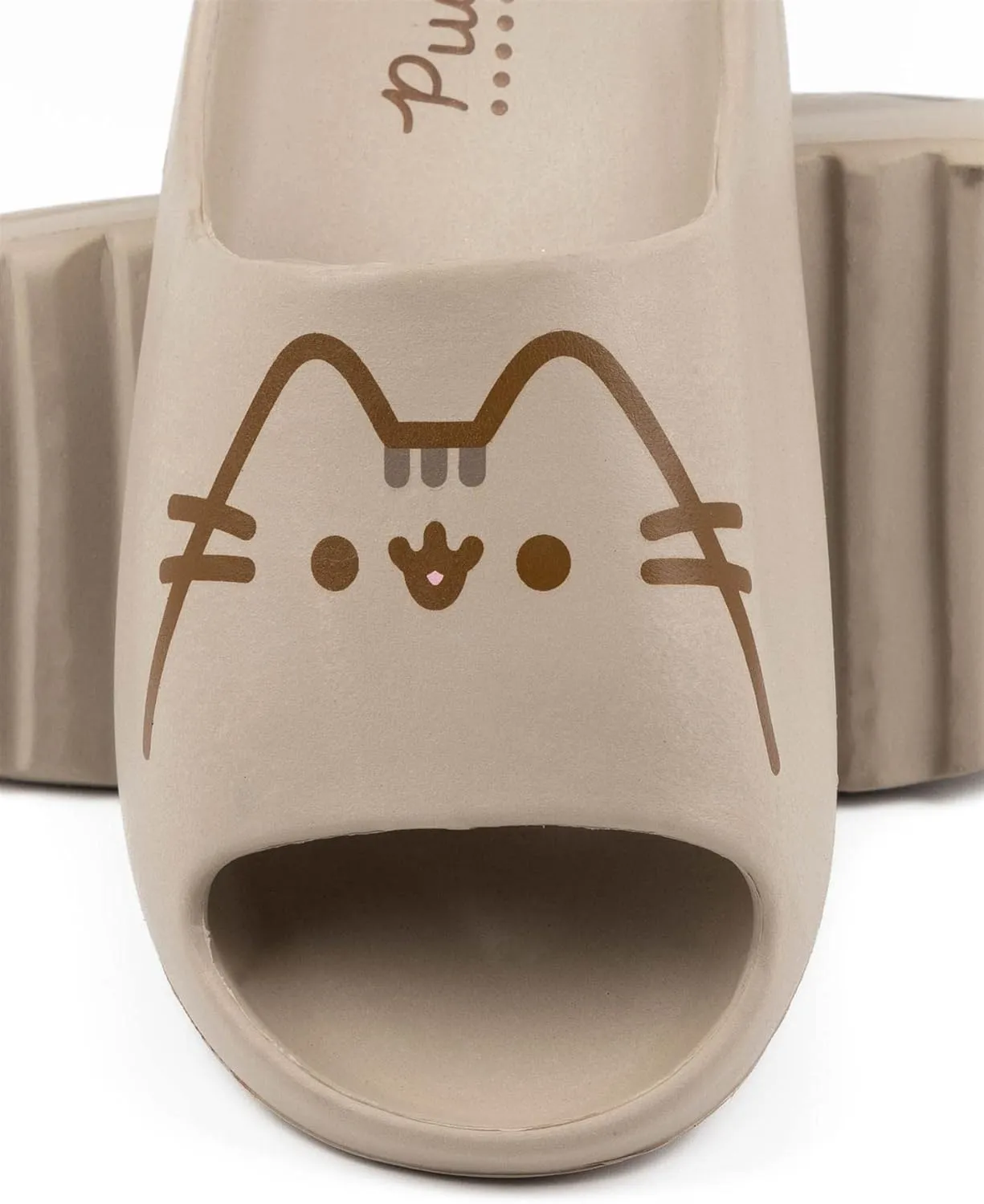 Pusheen Girls Sliders | Kids Brown Moulded Ridge Bottom Sandals | Cartoon Cat Beachwear Summer Pool Shoes | Slip-on Footwear