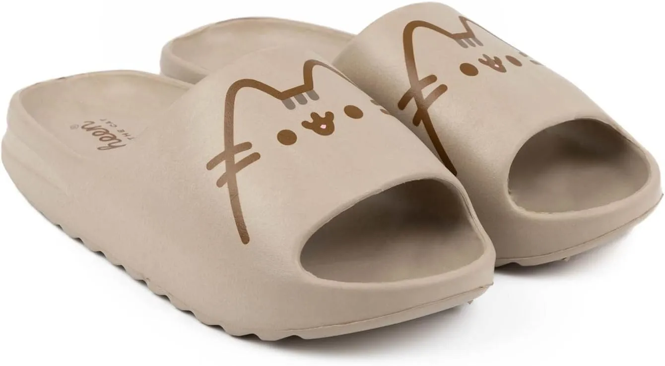 Pusheen Girls Sliders | Kids Brown Moulded Ridge Bottom Sandals | Cartoon Cat Beachwear Summer Pool Shoes | Slip-on Footwear
