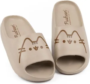 Pusheen Girls Sliders | Kids Brown Moulded Ridge Bottom Sandals | Cartoon Cat Beachwear Summer Pool Shoes | Slip-on Footwear