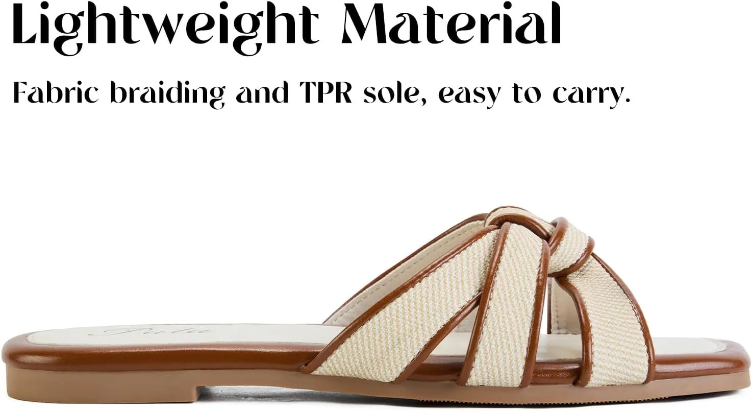 Putu Women's Flat Sandals Square Toe Slide Sandals Braided Sandals for Vacation