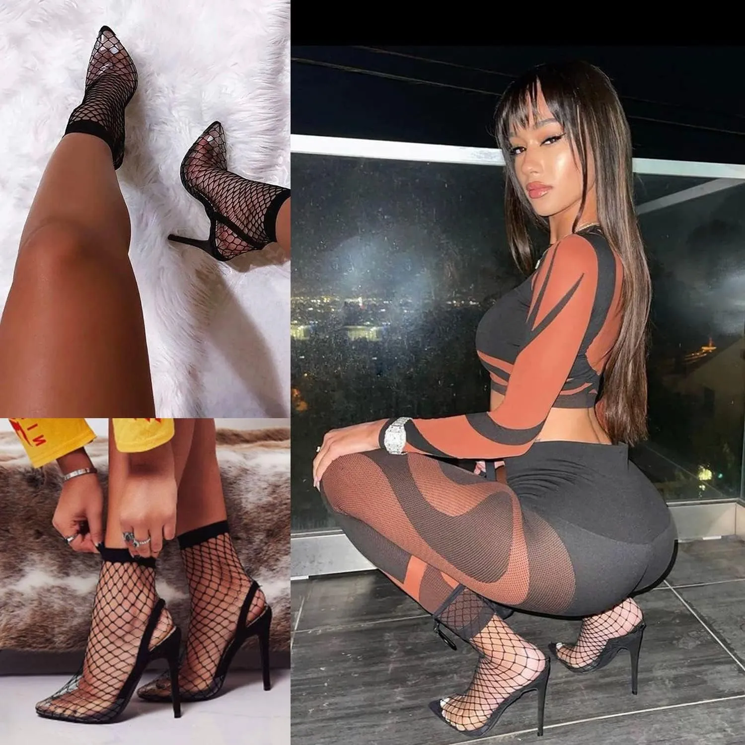 Ruxia Women's Fishnet Socks Ankle Dress Hollow Out Socks High Nylons Multi Colors 5 Pairs