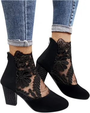 Sandals Women Fashion, Womens Sandals Sexy Hollow Floral Lace Chunky High Heels Peep Toe Platform Boots