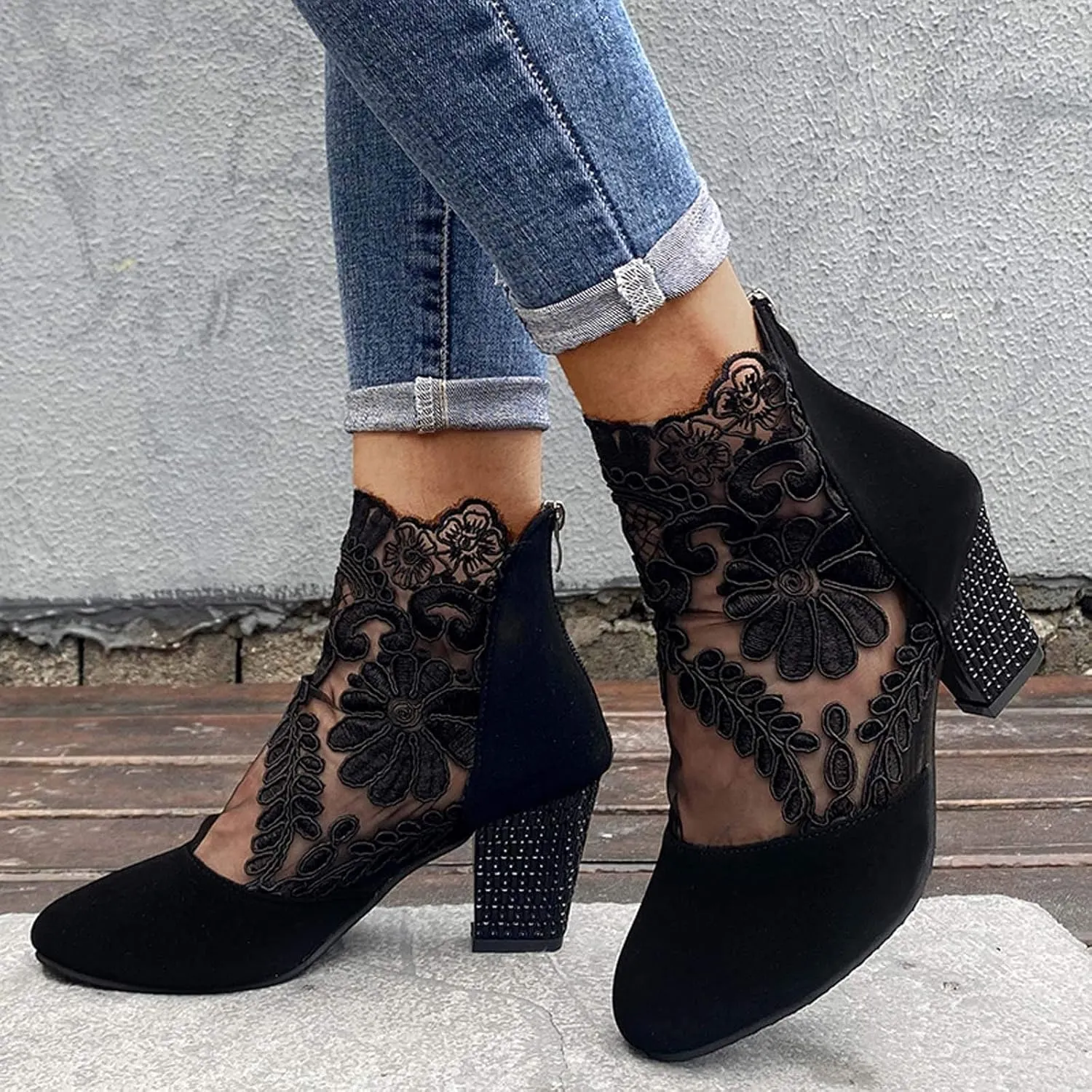 Sandals Women Fashion, Womens Sandals Sexy Hollow Floral Lace Chunky High Heels Peep Toe Platform Boots
