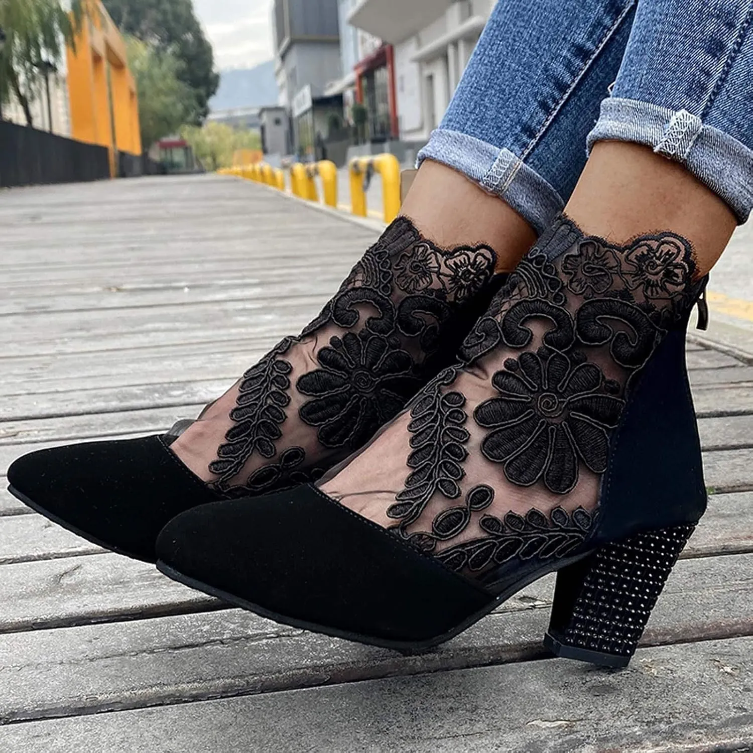 Sandals Women Fashion, Womens Sandals Sexy Hollow Floral Lace Chunky High Heels Peep Toe Platform Boots