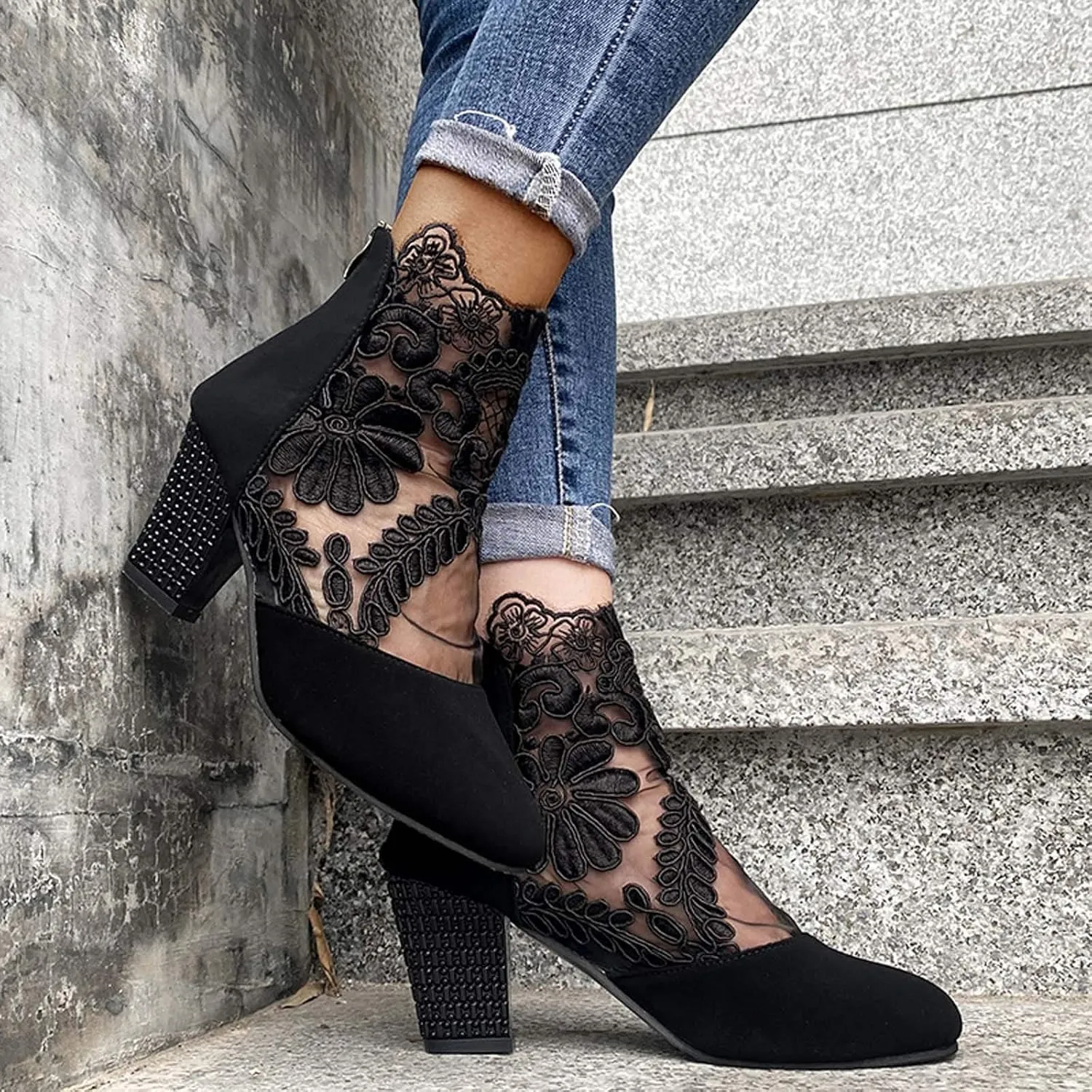 Sandals Women Fashion, Womens Sandals Sexy Hollow Floral Lace Chunky High Heels Peep Toe Platform Boots