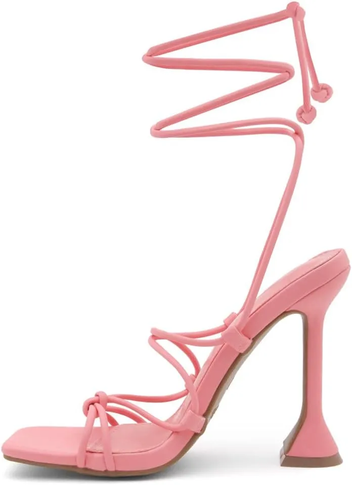 Shoe Land SL-Melody Women's Lace-Up Heels, Dressy Strappy High Heel Sandals, Square Open Toe with Tie-Up Ankle Wrap – Stiletto Heels for Prom, Party, and Wedding