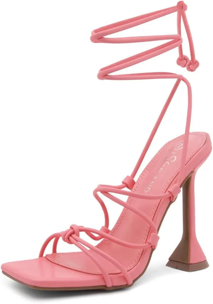 Shoe Land SL-Melody Women's Lace-Up Heels, Dressy Strappy High Heel Sandals, Square Open Toe with Tie-Up Ankle Wrap – Stiletto Heels for Prom, Party, and Wedding