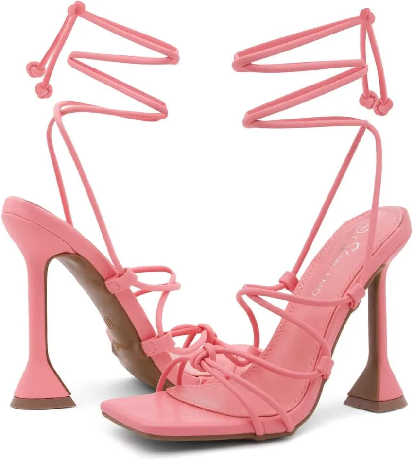 Shoe Land SL-Melody Women's Lace-Up Heels, Dressy Strappy High Heel Sandals, Square Open Toe with Tie-Up Ankle Wrap – Stiletto Heels for Prom, Party, and Wedding