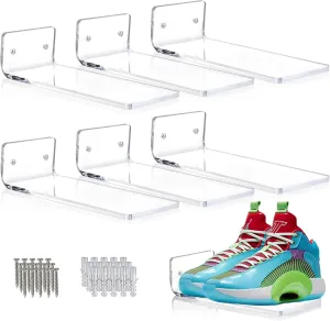 SIPRDE Floating Shoe Display Shelves for Wall Mount Set of 6 - Clear Acrylic Floating Shelves for Showcase Sneaker Collection or Shoes Box