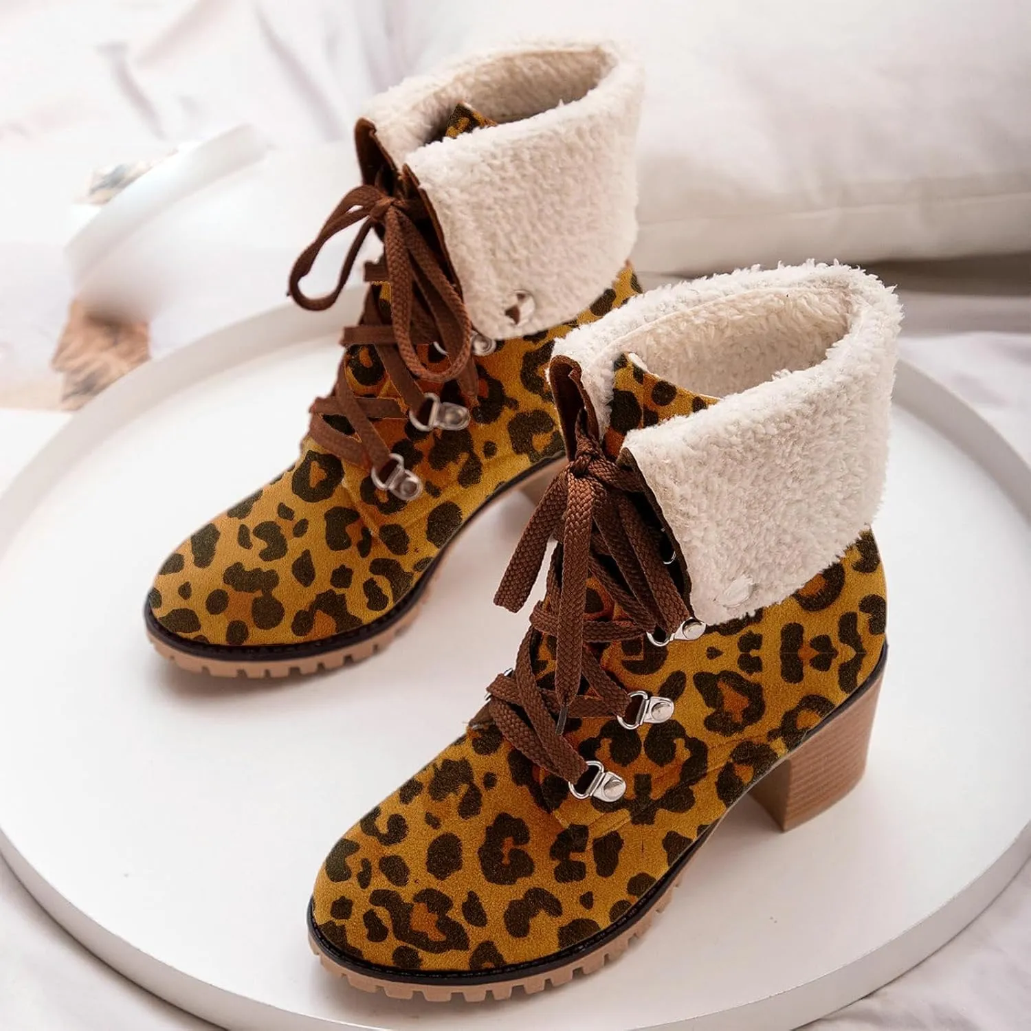 SO SIMPOK Womens Lace Up Fur Winter Snow Boots Block Heel Ankle Boots Warm Suede Outdoor Chunky Heel Booties