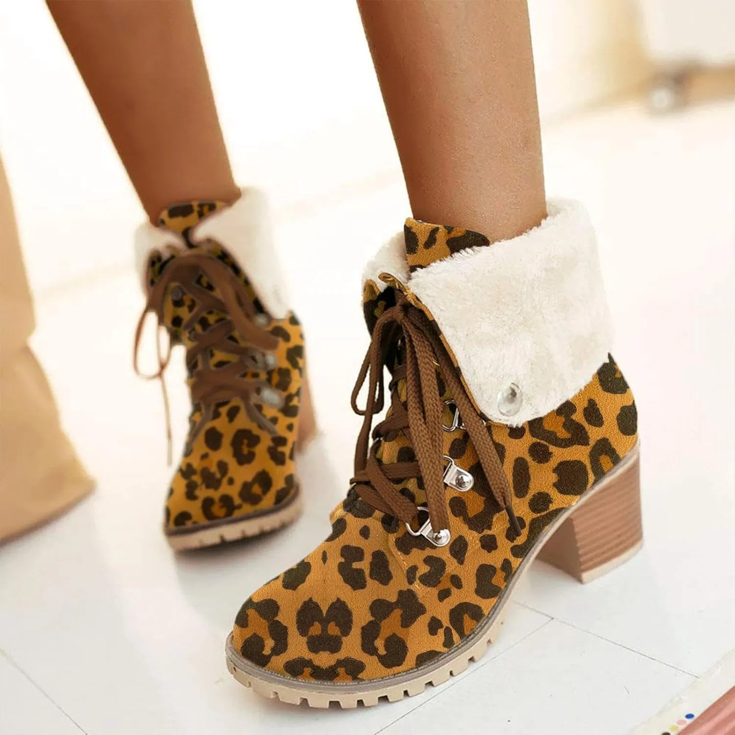 SO SIMPOK Womens Lace Up Fur Winter Snow Boots Block Heel Ankle Boots Warm Suede Outdoor Chunky Heel Booties