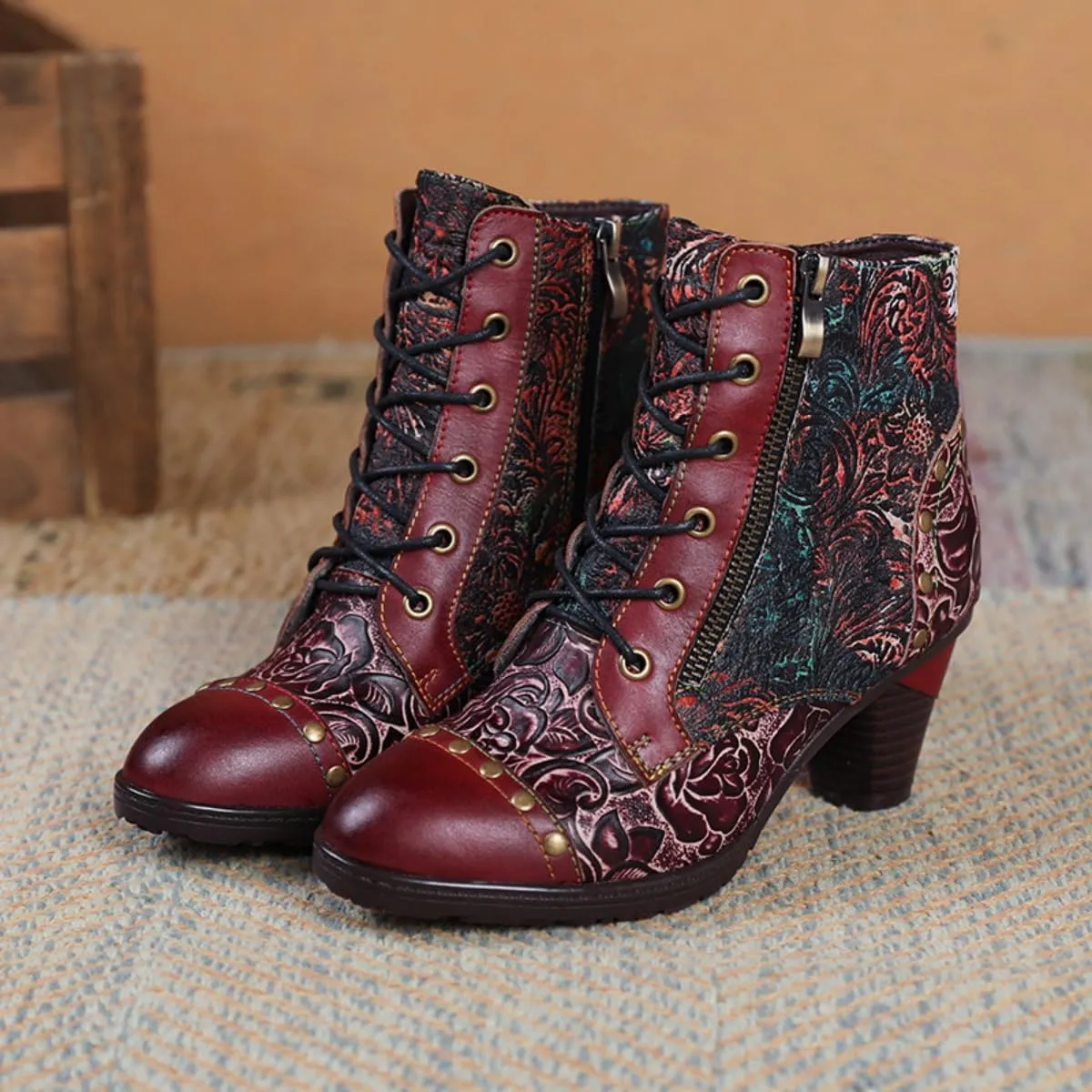 SOCOFY Womens Ankle Boots Leather Block Heel Bohemian Leather Boots Winter Ankle Boots for Women Comfort Splicing Lace Up Boots Outdoor Anti-Slip Side Zipper Walking Boots for Wedding Party Dress