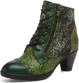 SOCOFY Womens Ankle Boots Leather Block Heel Bohemian Leather Boots Winter Ankle Boots for Women Comfort Splicing Lace Up Boots Outdoor Anti-Slip Side Zipper Walking Boots for Wedding Party Dress