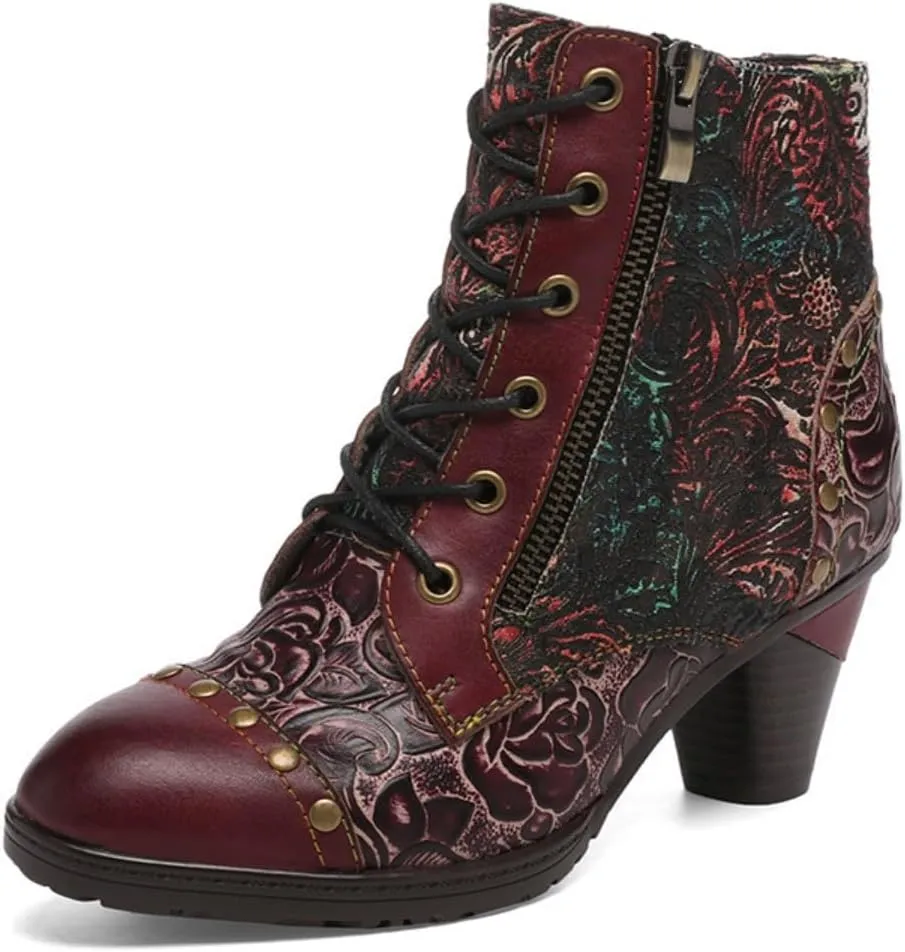 SOCOFY Womens Ankle Boots Leather Block Heel Bohemian Leather Boots Winter Ankle Boots for Women Comfort Splicing Lace Up Boots Outdoor Anti-Slip Side Zipper Walking Boots for Wedding Party Dress