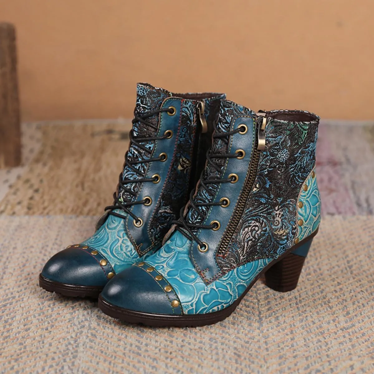 SOCOFY Womens Ankle Boots Leather Block Heel Bohemian Leather Boots Winter Ankle Boots for Women Comfort Splicing Lace Up Boots Outdoor Anti-Slip Side Zipper Walking Boots for Wedding Party Dress