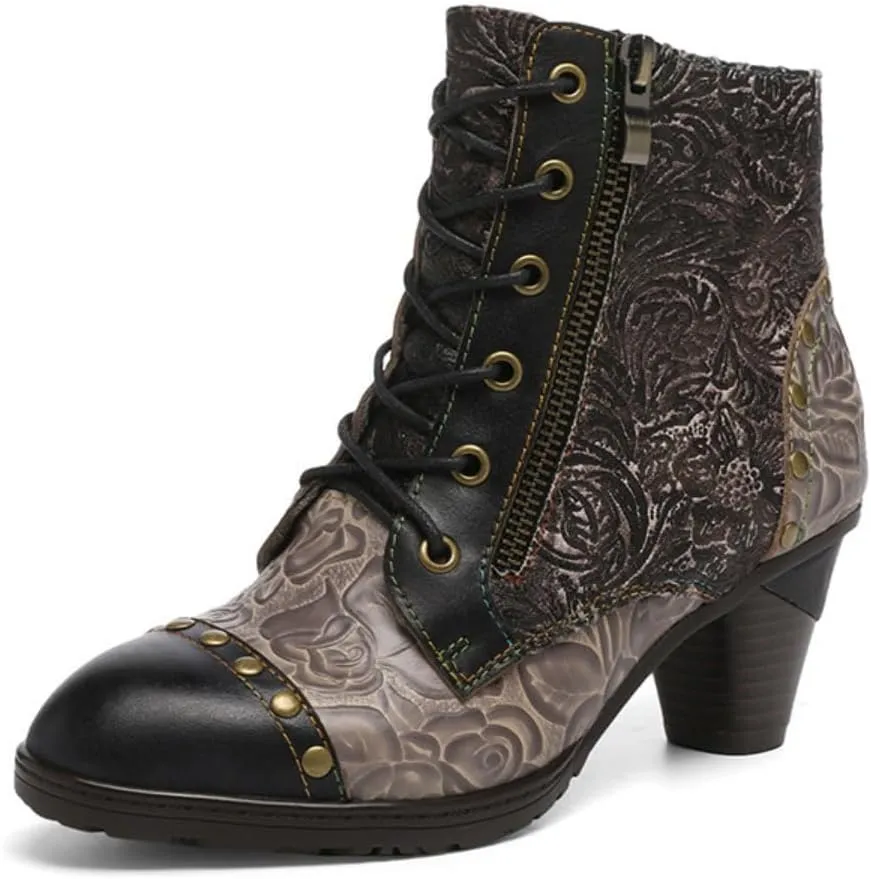 SOCOFY Womens Ankle Boots Leather Block Heel Bohemian Leather Boots Winter Ankle Boots for Women Comfort Splicing Lace Up Boots Outdoor Anti-Slip Side Zipper Walking Boots for Wedding Party Dress