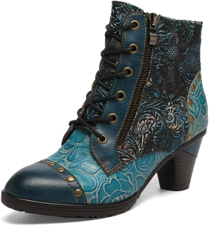 SOCOFY Womens Ankle Boots Leather Block Heel Bohemian Leather Boots Winter Ankle Boots for Women Comfort Splicing Lace Up Boots Outdoor Anti-Slip Side Zipper Walking Boots for Wedding Party Dress