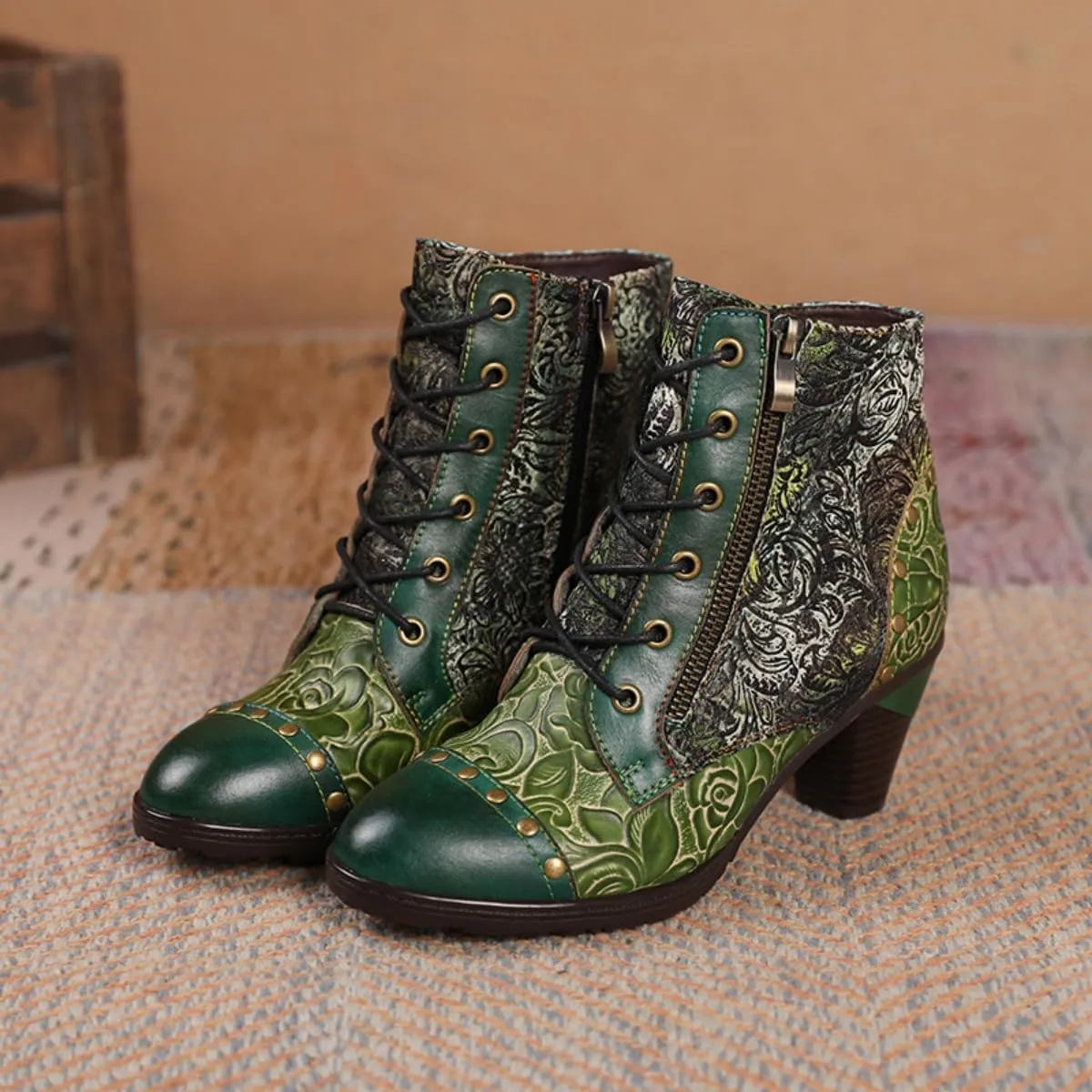 SOCOFY Womens Ankle Boots Leather Block Heel Bohemian Leather Boots Winter Ankle Boots for Women Comfort Splicing Lace Up Boots Outdoor Anti-Slip Side Zipper Walking Boots for Wedding Party Dress