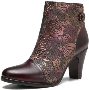SOCOFY Womens Ankle Boots Leather High Heel Comfort Splicing Floral Pattern Lace Up Boots Leather Winter Fur Lined Boots Outdoor Anti-Slip Side Zipper Walking Boots for Wedding Party Dress