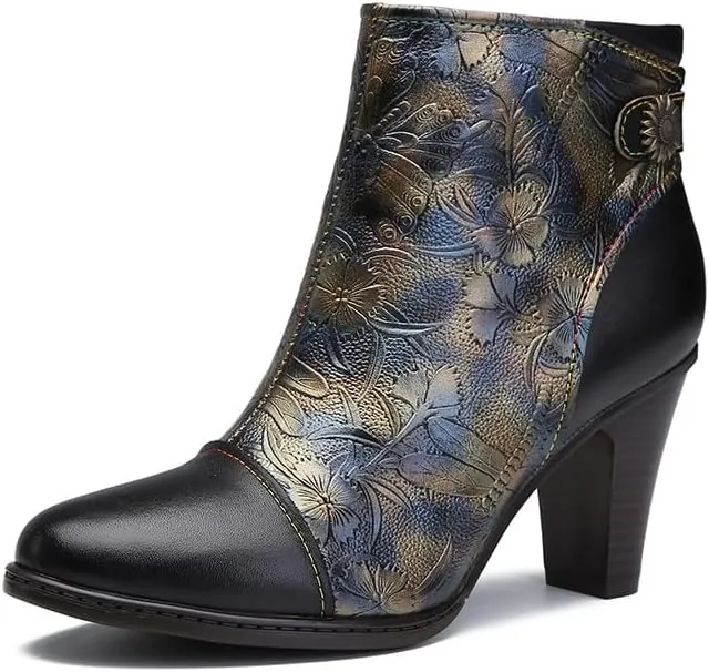 SOCOFY Womens Ankle Boots Leather High Heel Comfort Splicing Floral Pattern Lace Up Boots Leather Winter Fur Lined Boots Outdoor Anti-Slip Side Zipper Walking Boots for Wedding Party Dress
