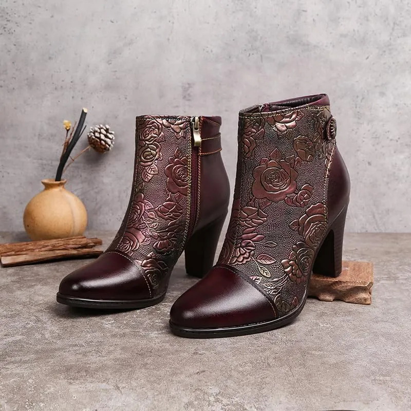 SOCOFY Womens Ankle Boots Leather High Heel Comfort Splicing Floral Pattern Lace Up Boots Leather Winter Fur Lined Boots Outdoor Anti-Slip Side Zipper Walking Boots for Wedding Party Dress