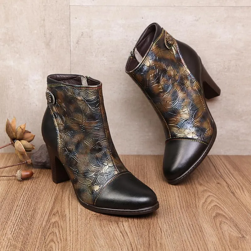 SOCOFY Womens Ankle Boots Leather High Heel Comfort Splicing Floral Pattern Lace Up Boots Leather Winter Fur Lined Boots Outdoor Anti-Slip Side Zipper Walking Boots for Wedding Party Dress
