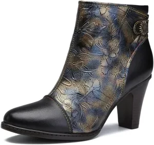 SOCOFY Womens Ankle Boots Leather High Heel Comfort Splicing Floral Pattern Lace Up Boots Leather Winter Fur Lined Boots Outdoor Anti-Slip Side Zipper Walking Boots for Wedding Party Dress