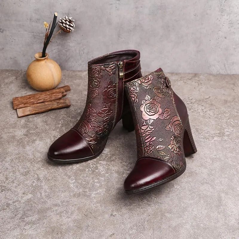 SOCOFY Womens Ankle Boots Leather High Heel Comfort Splicing Floral Pattern Lace Up Boots Leather Winter Fur Lined Boots Outdoor Anti-Slip Side Zipper Walking Boots for Wedding Party Dress