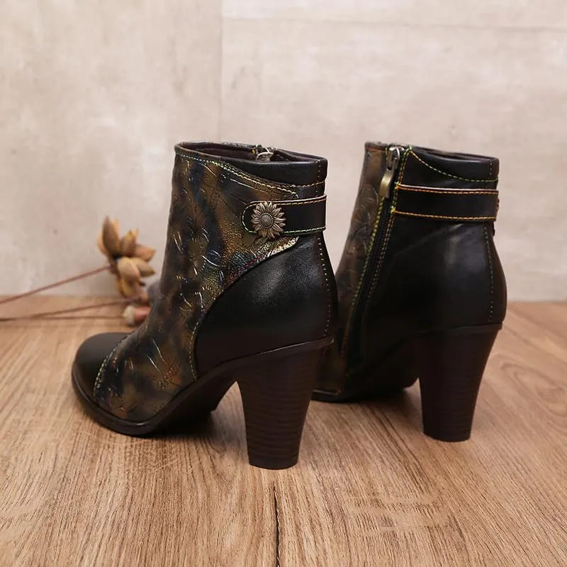 SOCOFY Womens Ankle Boots Leather High Heel Comfort Splicing Floral Pattern Lace Up Boots Leather Winter Fur Lined Boots Outdoor Anti-Slip Side Zipper Walking Boots for Wedding Party Dress