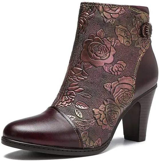 SOCOFY Womens Ankle Boots Leather High Heel Comfort Splicing Floral Pattern Lace Up Boots Leather Winter Fur Lined Boots Outdoor Anti-Slip Side Zipper Walking Boots for Wedding Party Dress