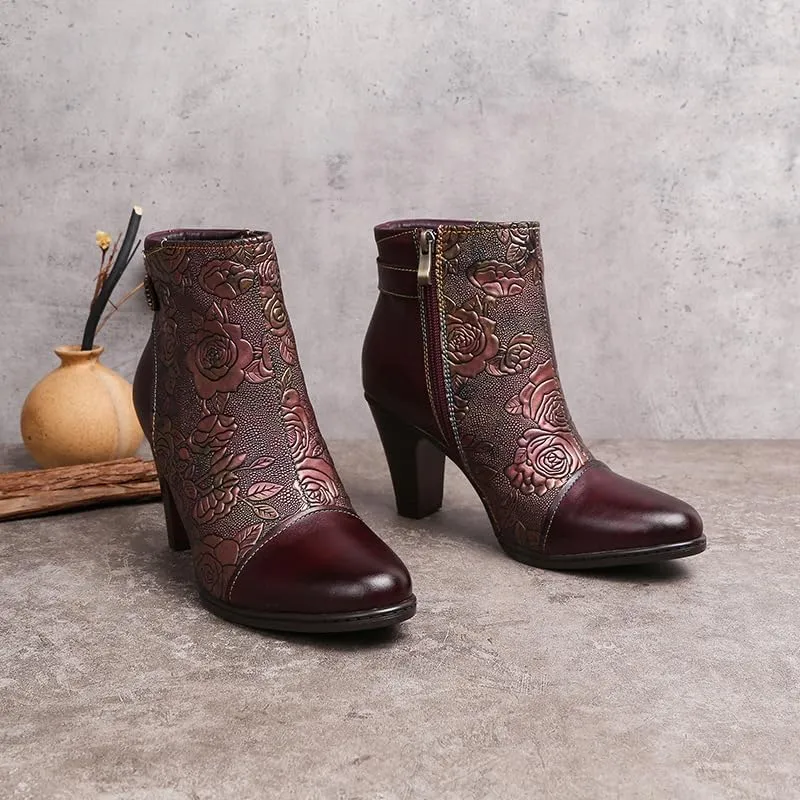 SOCOFY Womens Ankle Boots Leather High Heel Comfort Splicing Floral Pattern Lace Up Boots Leather Winter Fur Lined Boots Outdoor Anti-Slip Side Zipper Walking Boots for Wedding Party Dress