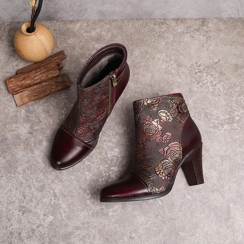 SOCOFY Womens Ankle Boots Leather High Heel Comfort Splicing Floral Pattern Lace Up Boots Leather Winter Fur Lined Boots Outdoor Anti-Slip Side Zipper Walking Boots for Wedding Party Dress