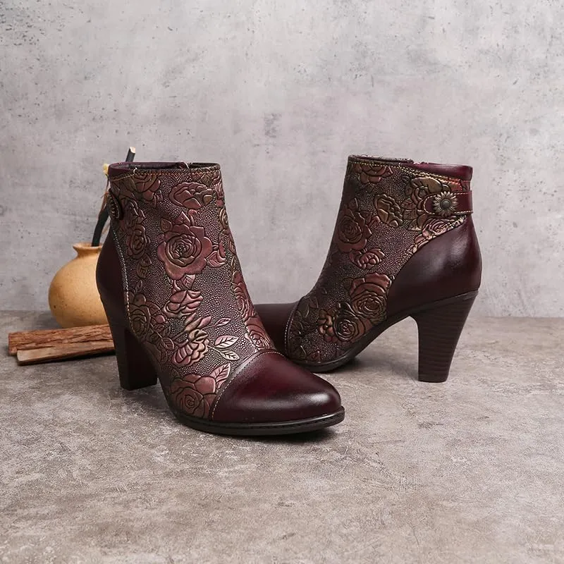 SOCOFY Womens Ankle Boots Leather High Heel Comfort Splicing Floral Pattern Lace Up Boots Leather Winter Fur Lined Boots Outdoor Anti-Slip Side Zipper Walking Boots for Wedding Party Dress