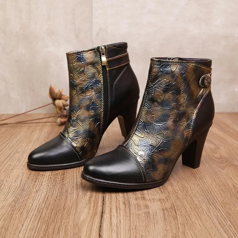 SOCOFY Womens Ankle Boots Leather High Heel Comfort Splicing Floral Pattern Lace Up Boots Leather Winter Fur Lined Boots Outdoor Anti-Slip Side Zipper Walking Boots for Wedding Party Dress