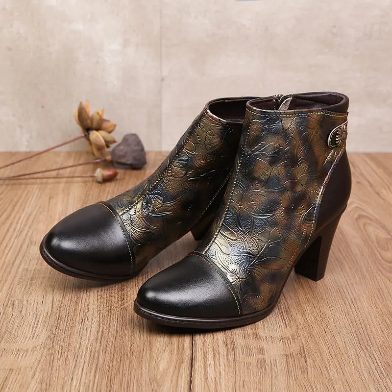 SOCOFY Womens Ankle Boots Leather High Heel Comfort Splicing Floral Pattern Lace Up Boots Leather Winter Fur Lined Boots Outdoor Anti-Slip Side Zipper Walking Boots for Wedding Party Dress