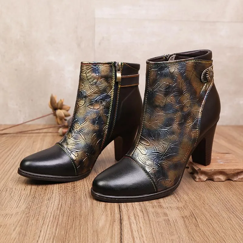 SOCOFY Womens Ankle Boots Leather High Heel Comfort Splicing Floral Pattern Lace Up Boots Leather Winter Fur Lined Boots Outdoor Anti-Slip Side Zipper Walking Boots for Wedding Party Dress